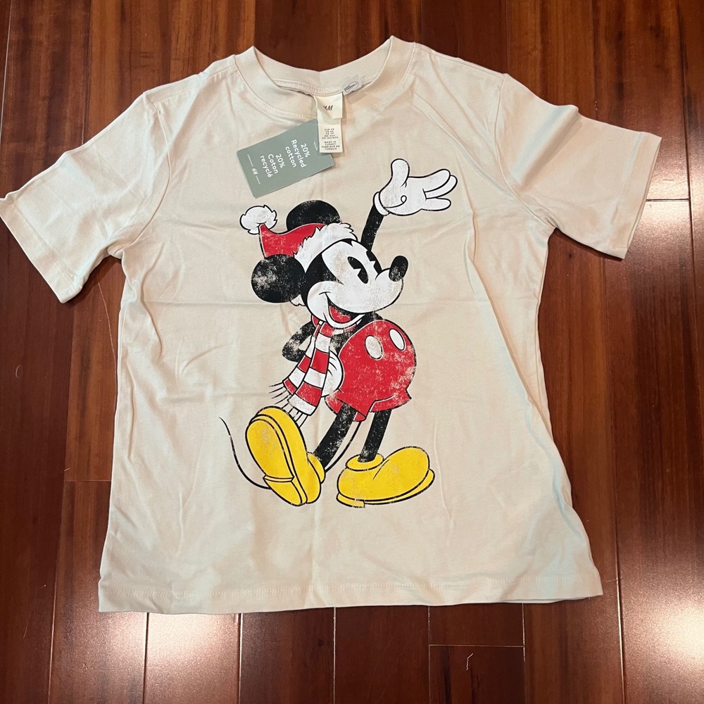 Disney Mickey Santa Tee H&M Mouse Christmas Hat Graphic Top Cream New XS